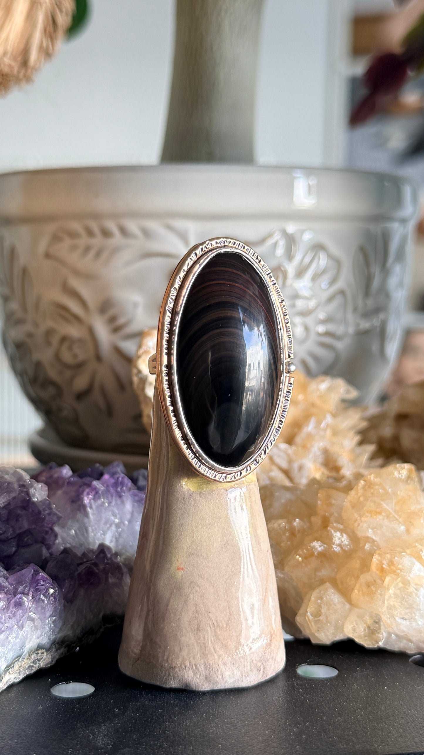 Golden Sheen Obsidian large gemstone mixed metal Ring size 7 1/2
