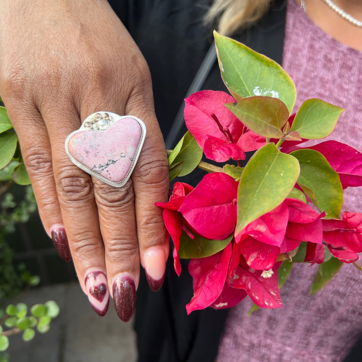 Rhodonite Love: Large Pink Heart Ring in Sterling Silver