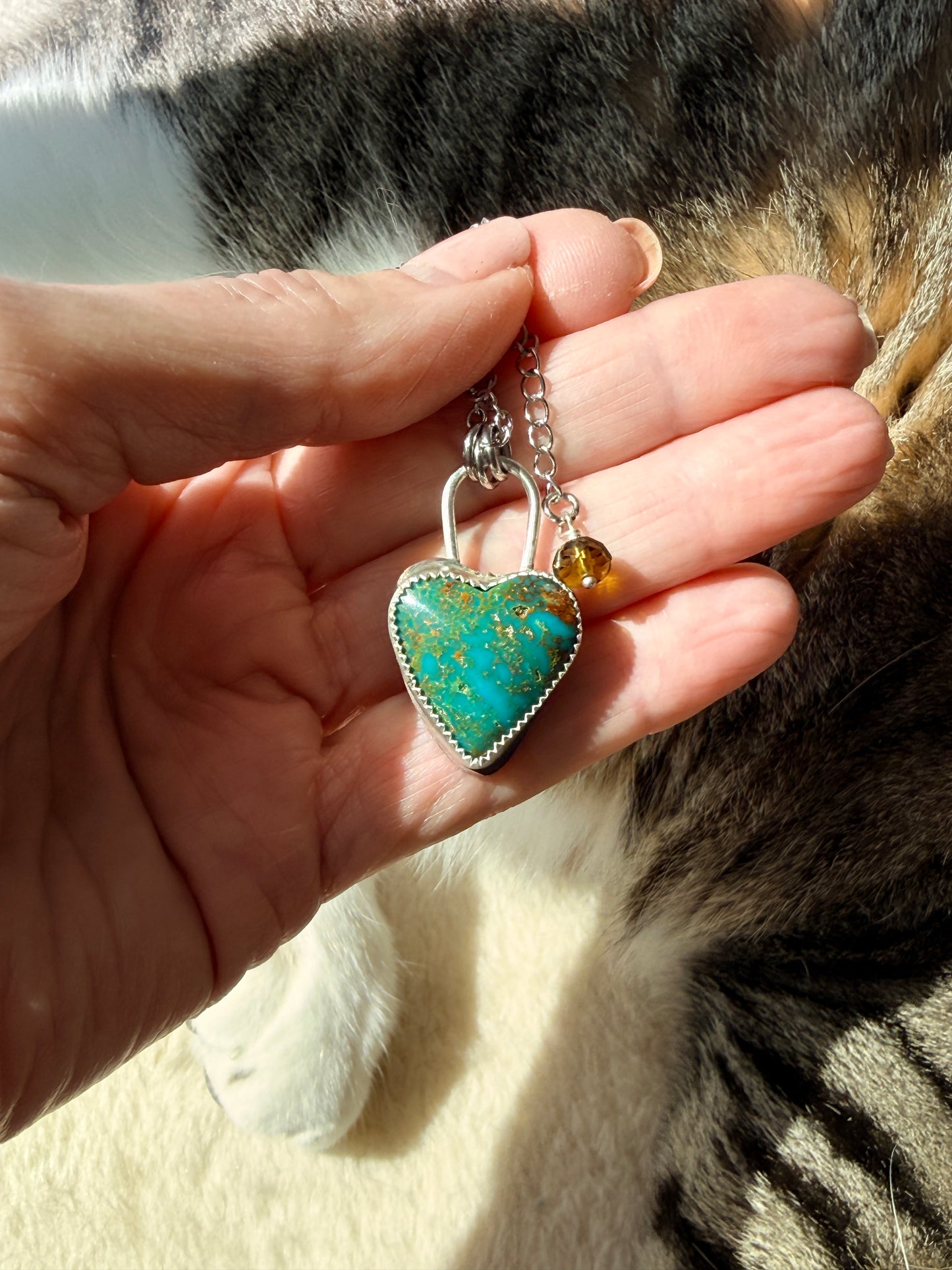 Turquoise Heart Necklace: Reversible with Rose on flip side, Sterling Silver