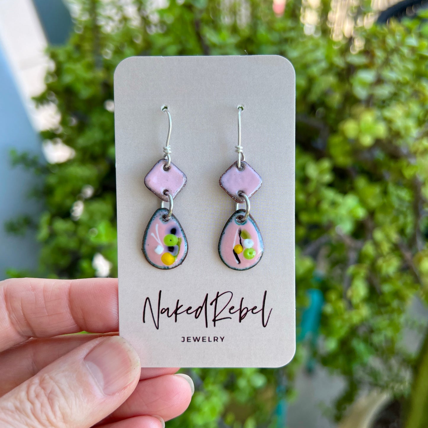 Cute light pink enamel earrings, handmade with Sterling Silver ear wires