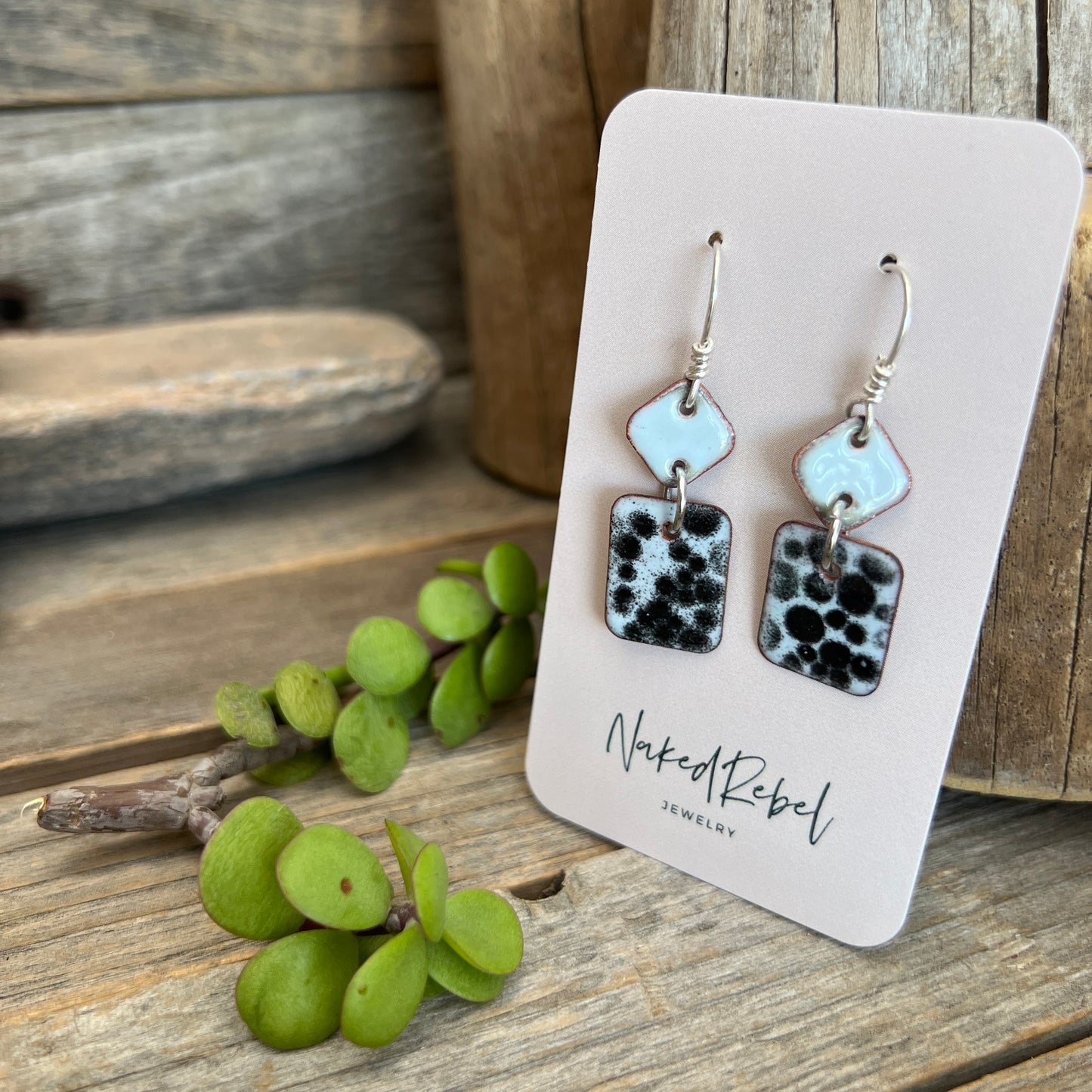 Light Blue & Black enamel earrings, handmade with Sterling Silver ear wires