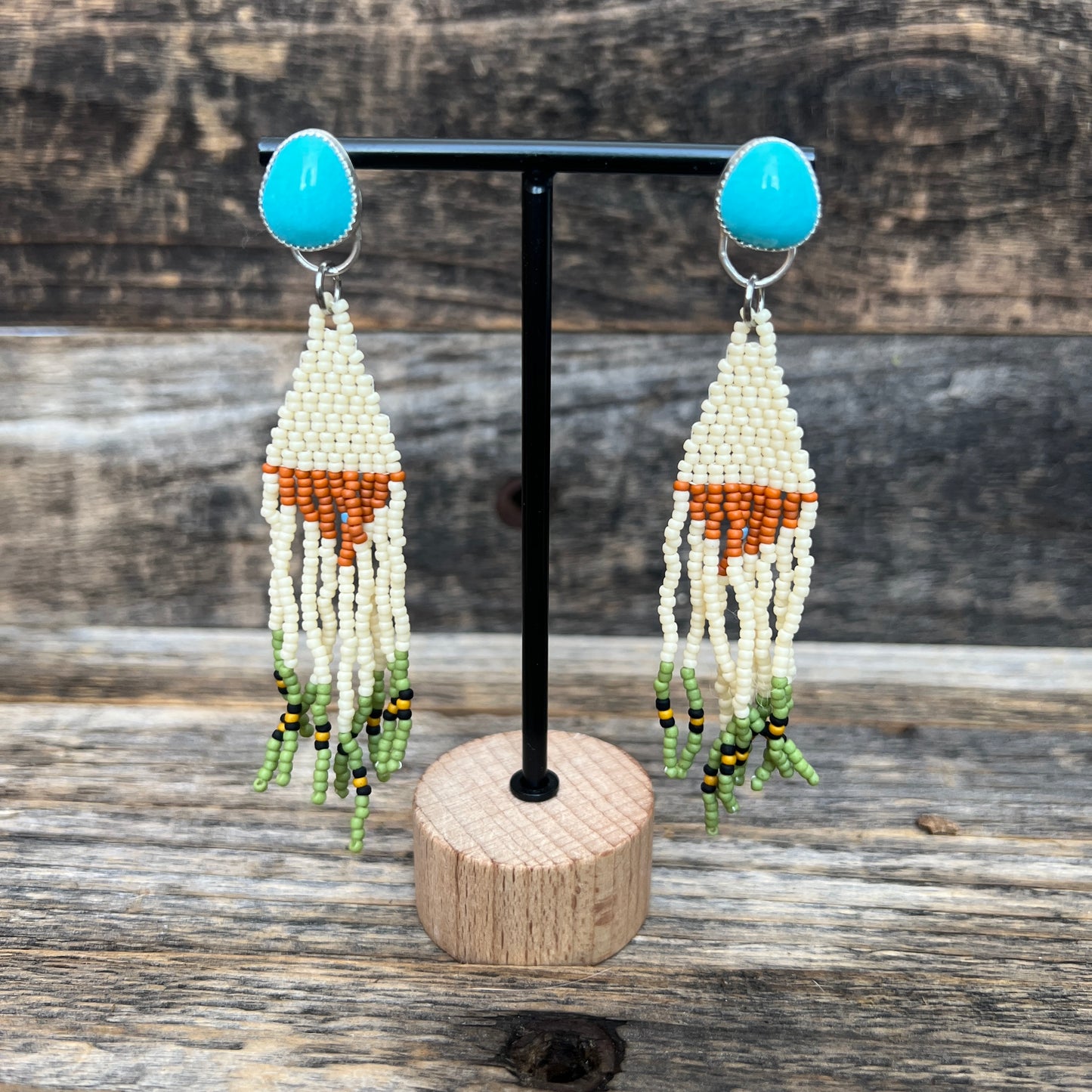 Native Flair: Sterling Silver Turquoise Earrings with Beaded Fringe