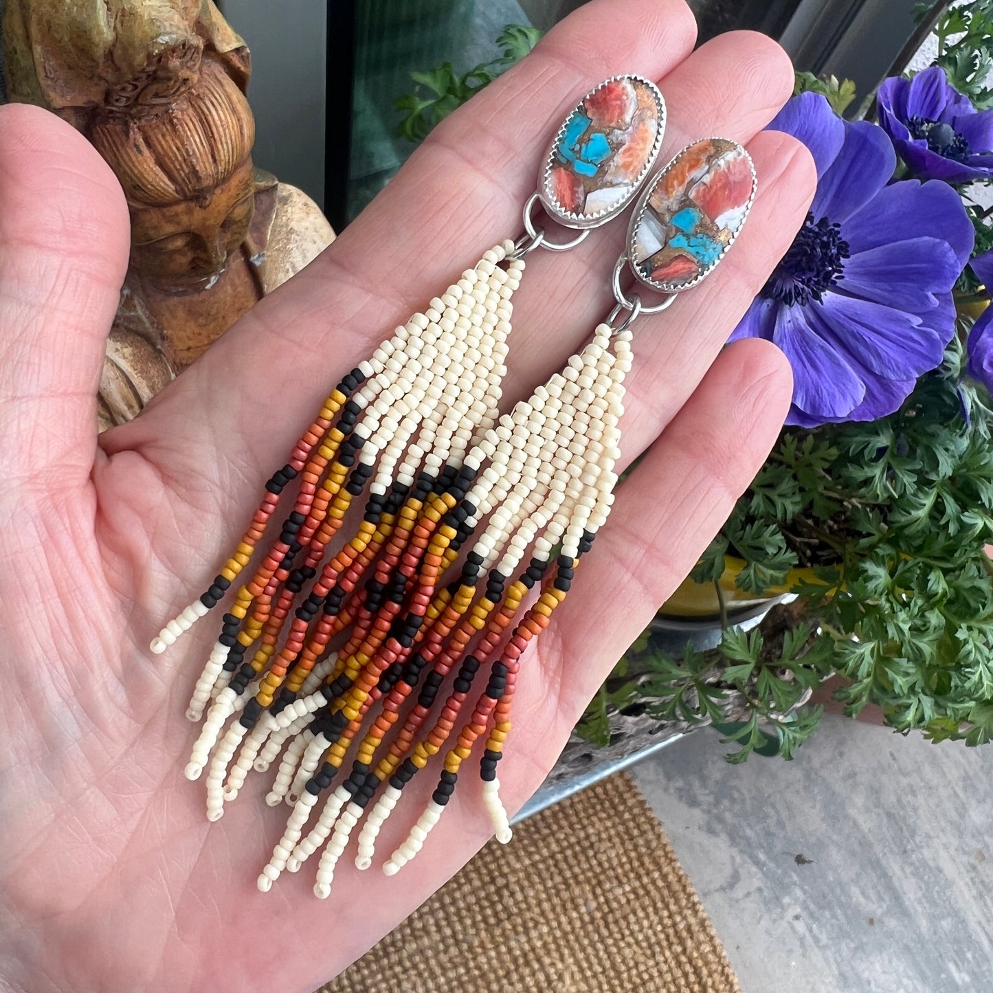 Kingman Mohave Turquoise Sterling Silver earrings with beaded fringe