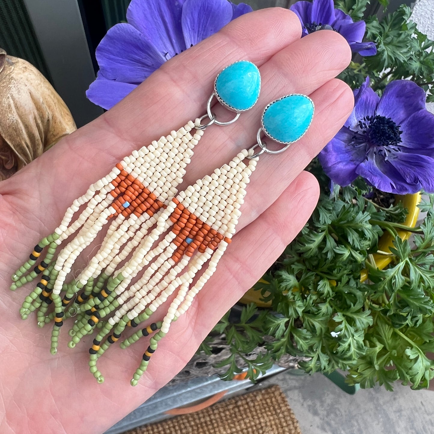 Native Flair: Sterling Silver Turquoise Earrings with Beaded Fringe