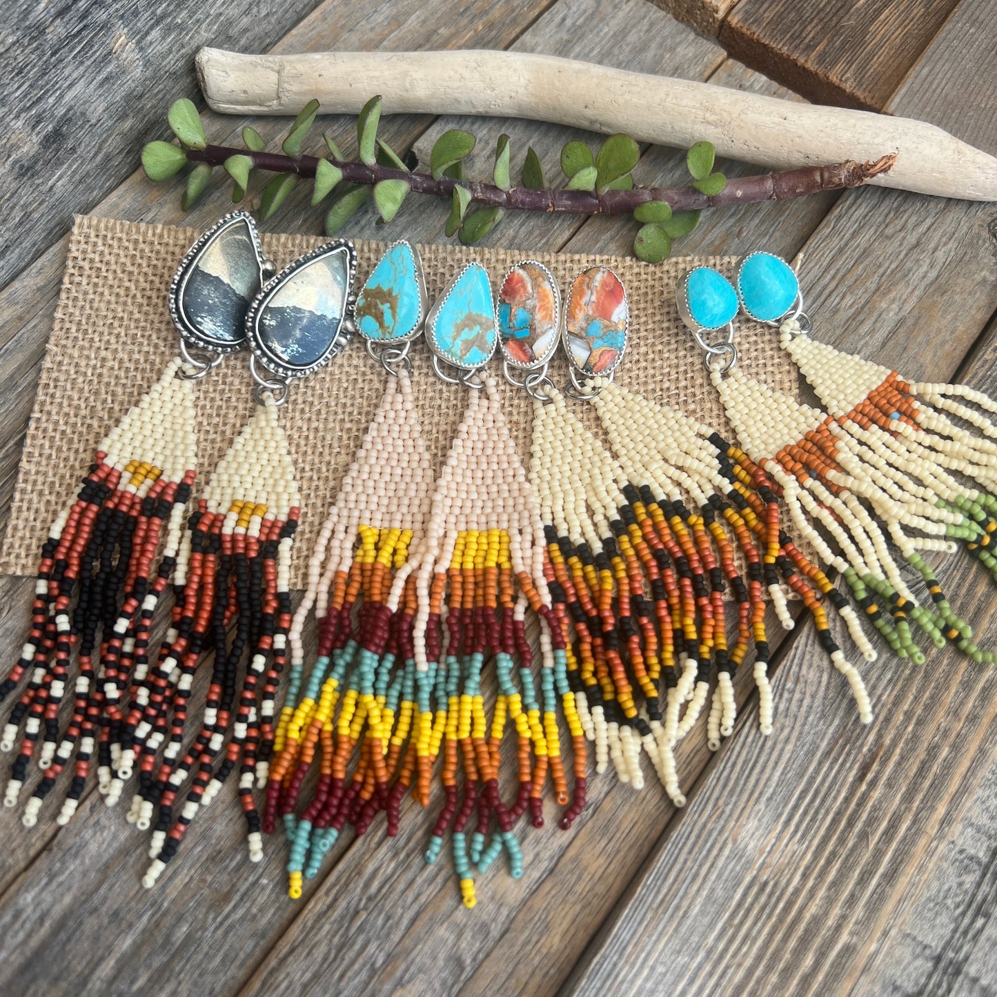 Apache Gold Earrings with Native made beaded fringe: Sterling Silver