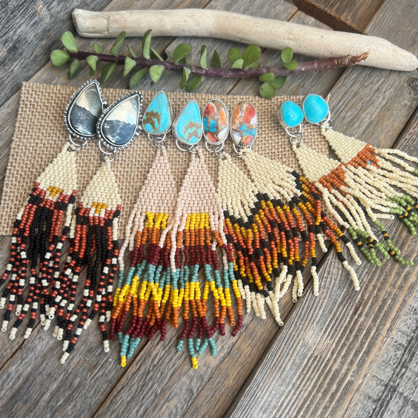 Kingman Mohave Turquoise Sterling Silver earrings with beaded fringe