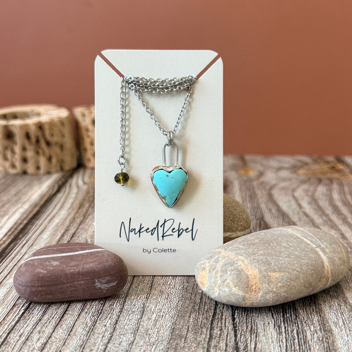 Turquoise Heart Necklace: Reversible with Rose on flip side, Sterling Silver