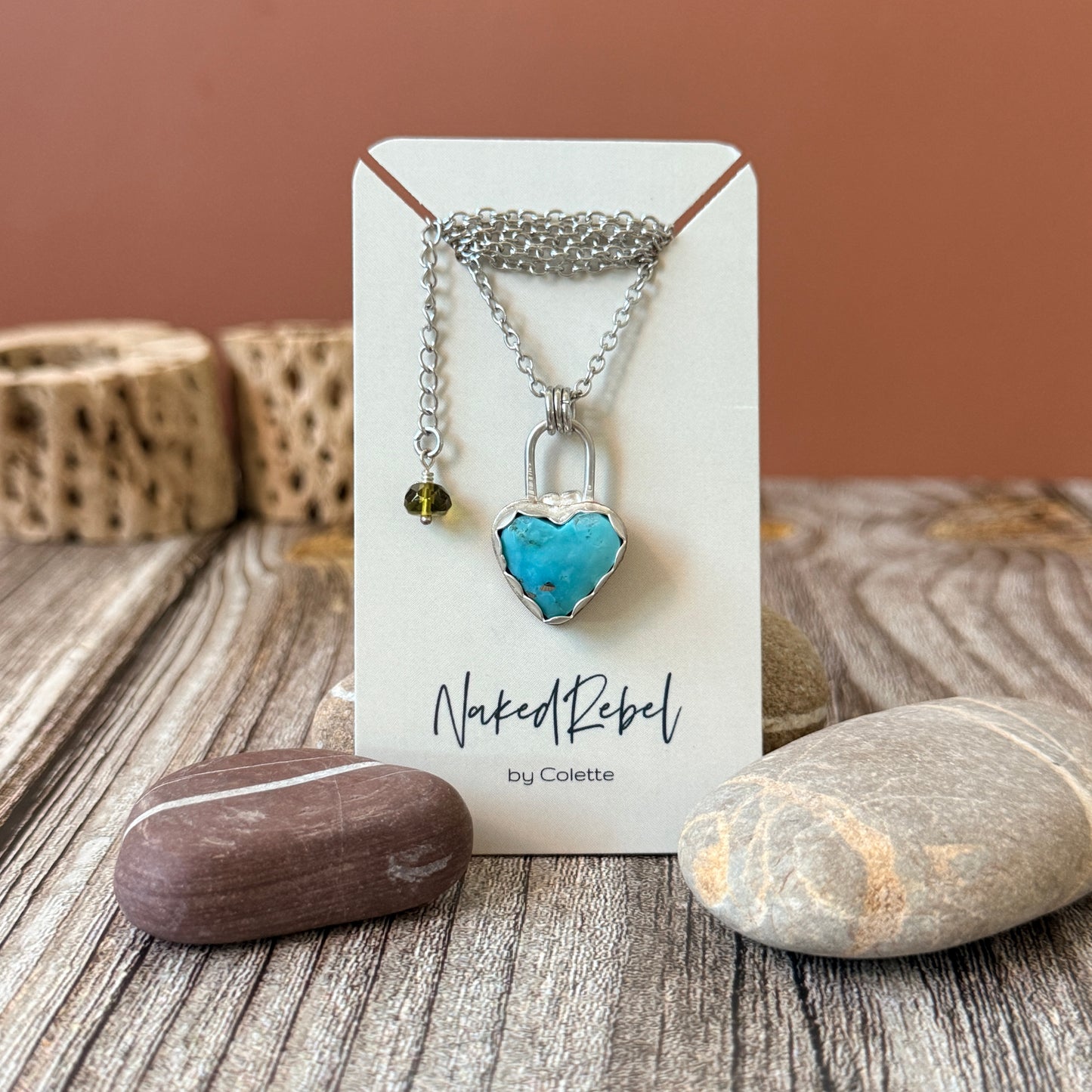 Turquoise Heart Necklace: Reversible with Rose on flip side, Sterling Silver