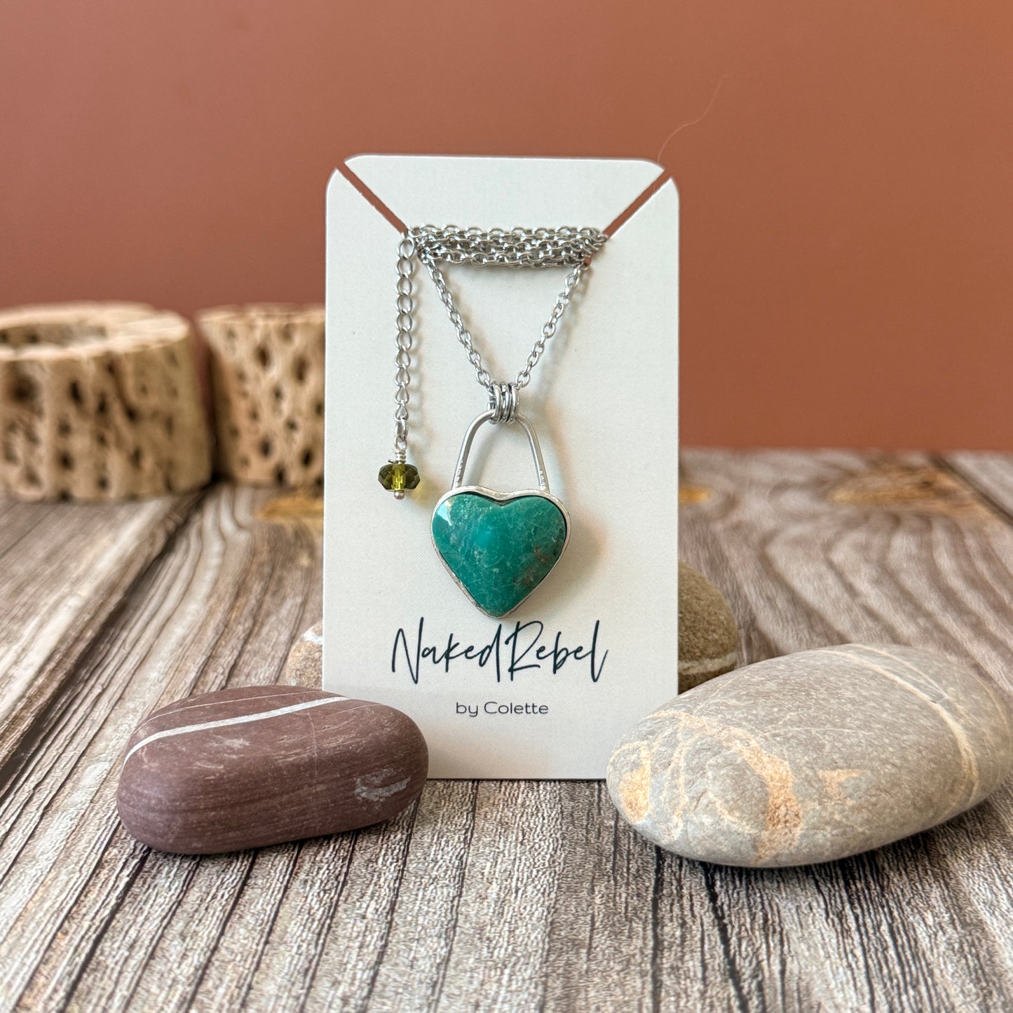Turquoise Heart Necklace: Reversible with Rose on flip side, Sterling Silver