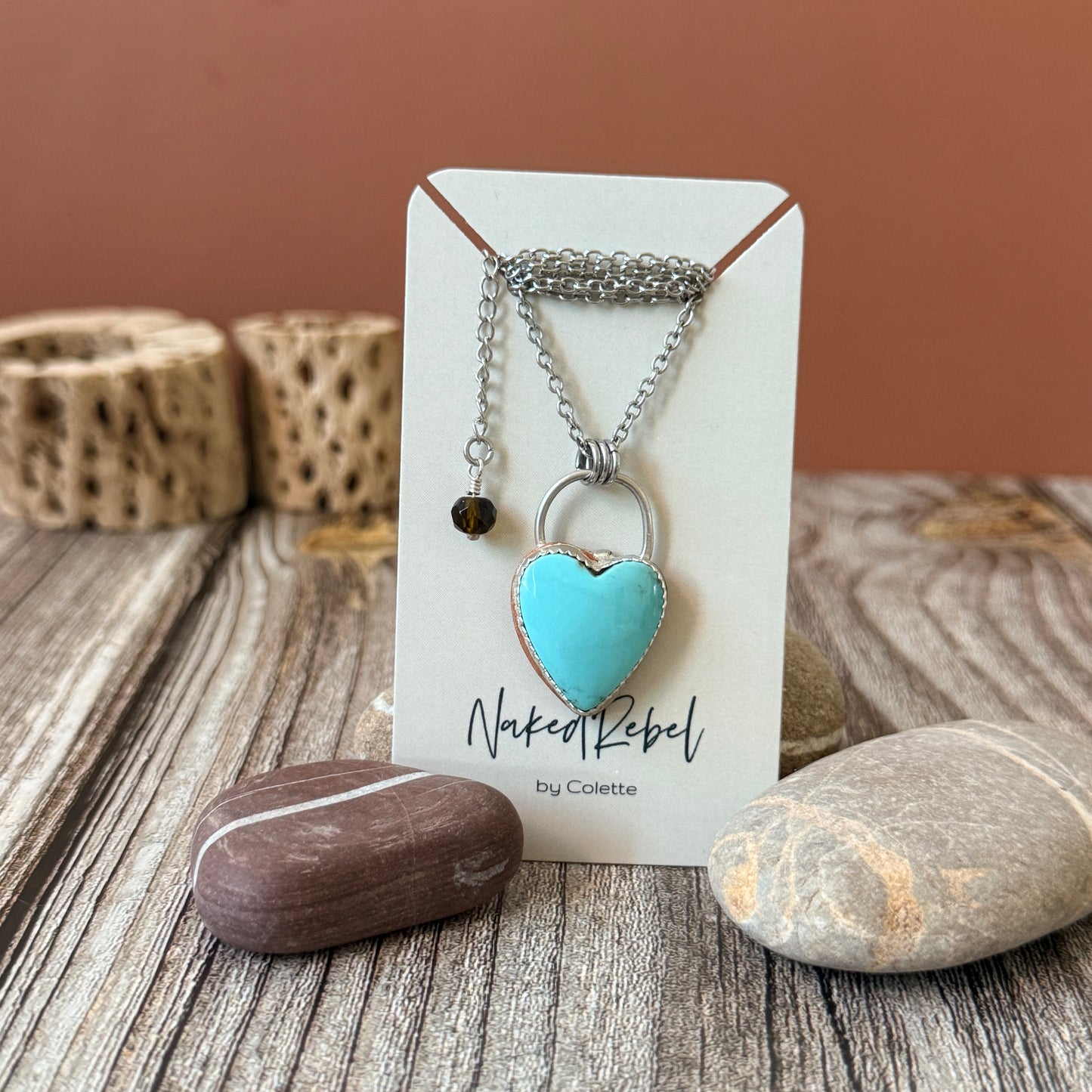 Turquoise Heart Necklace: Reversible with Rose on flip side, Sterling Silver