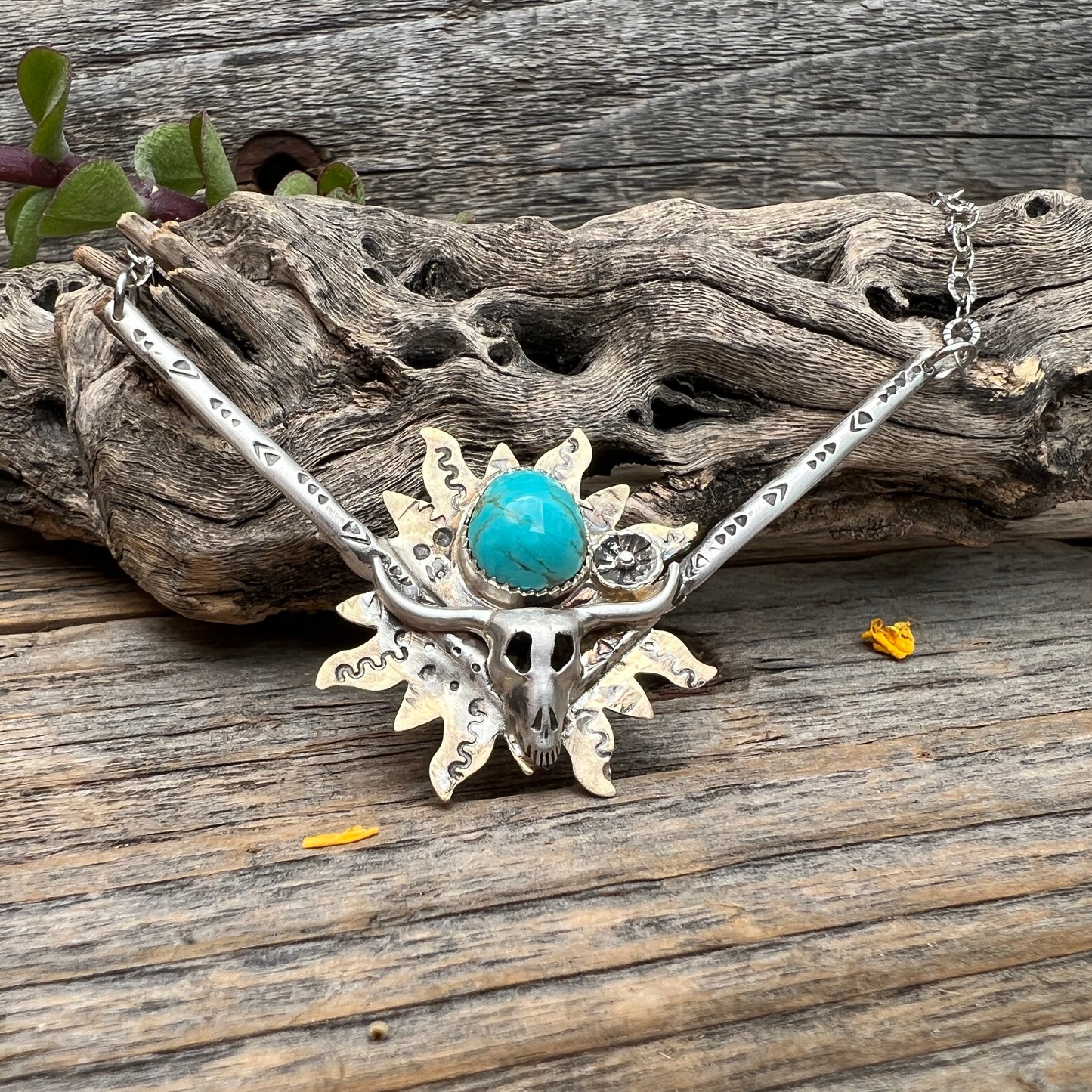 Longhorn Cow Skull Necklace: Turquoise, Sterling Silver