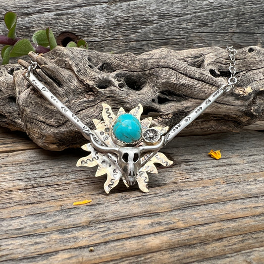 Longhorn Cow Skull Necklace: Turquoise, Sterling Silver