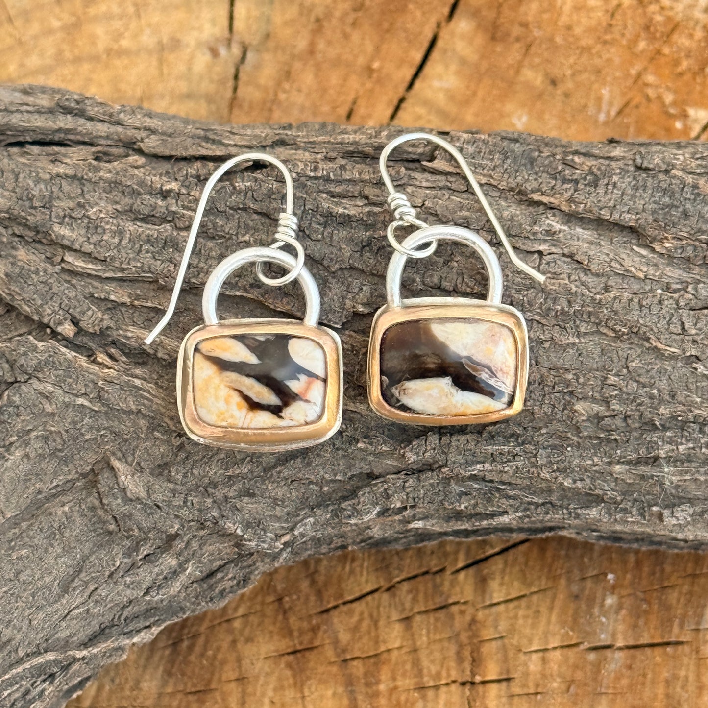 Fossil Peanut Wood mixed metal rectangle earrings