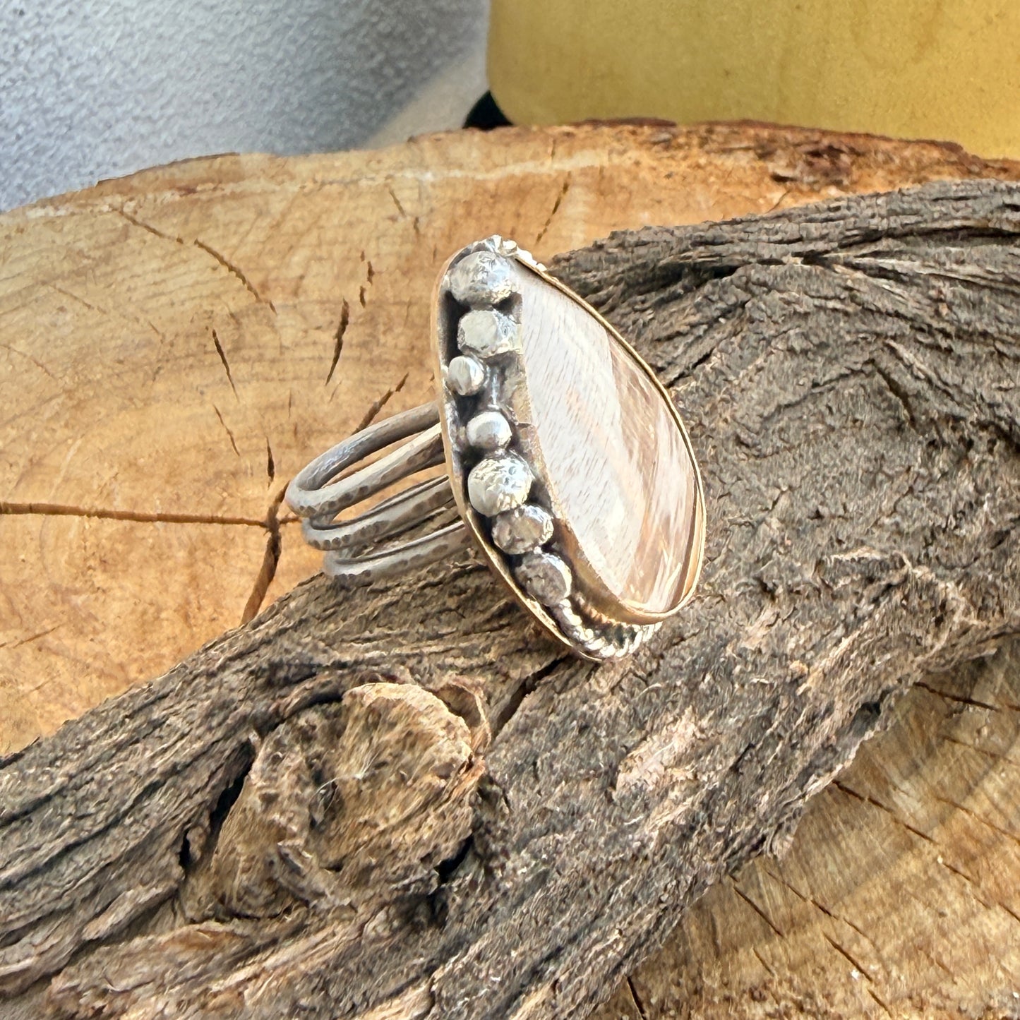 Smokey Petrified Wood Sterling Silver & Gold Ring Size 9
