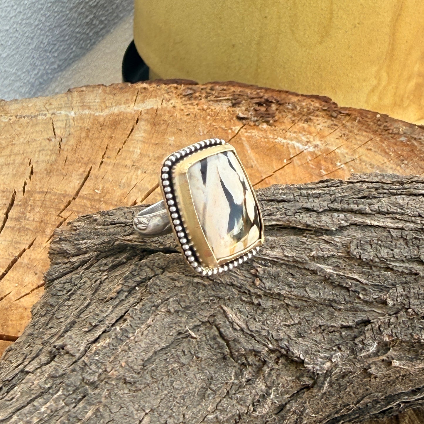 Fossil Peanut Wood mixed metal Ring Size 6 1/2