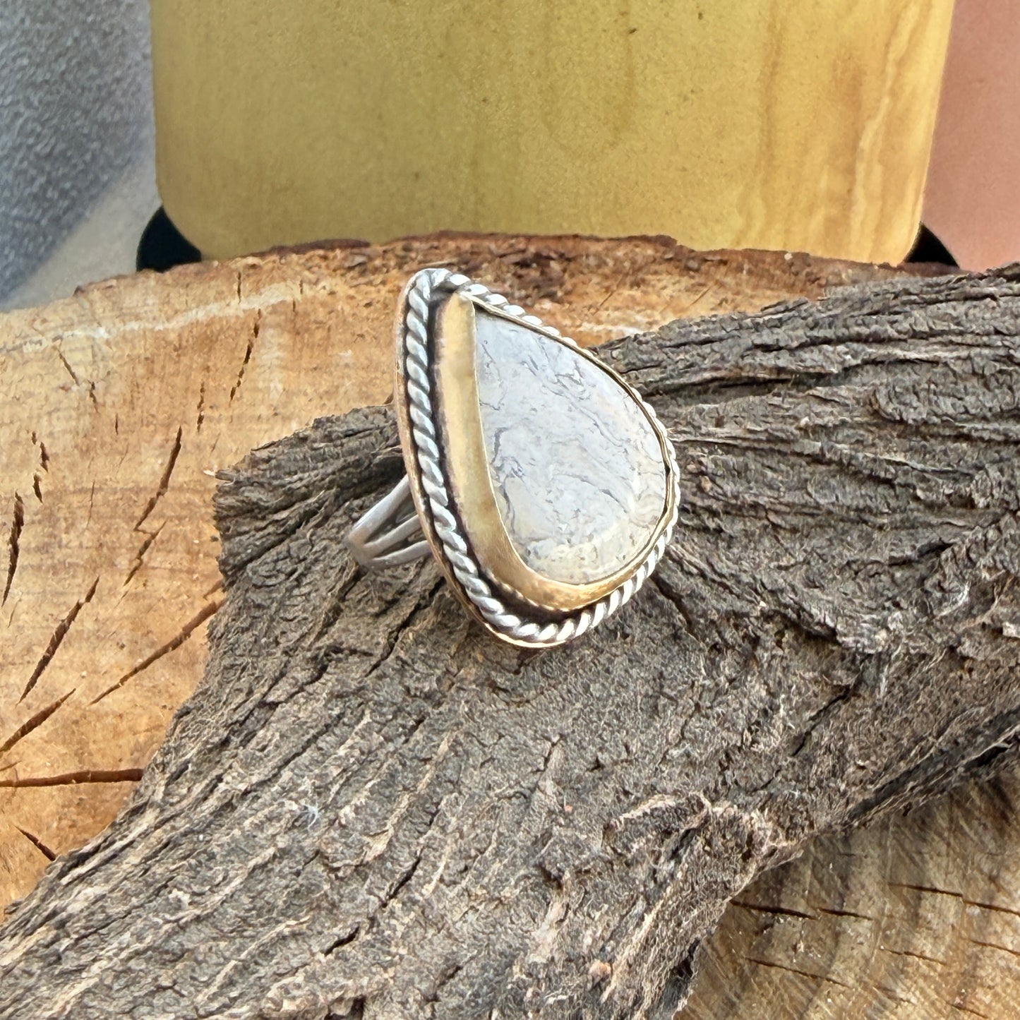 Petrified Palm root Sterling Silver & Gold Ring Size 7