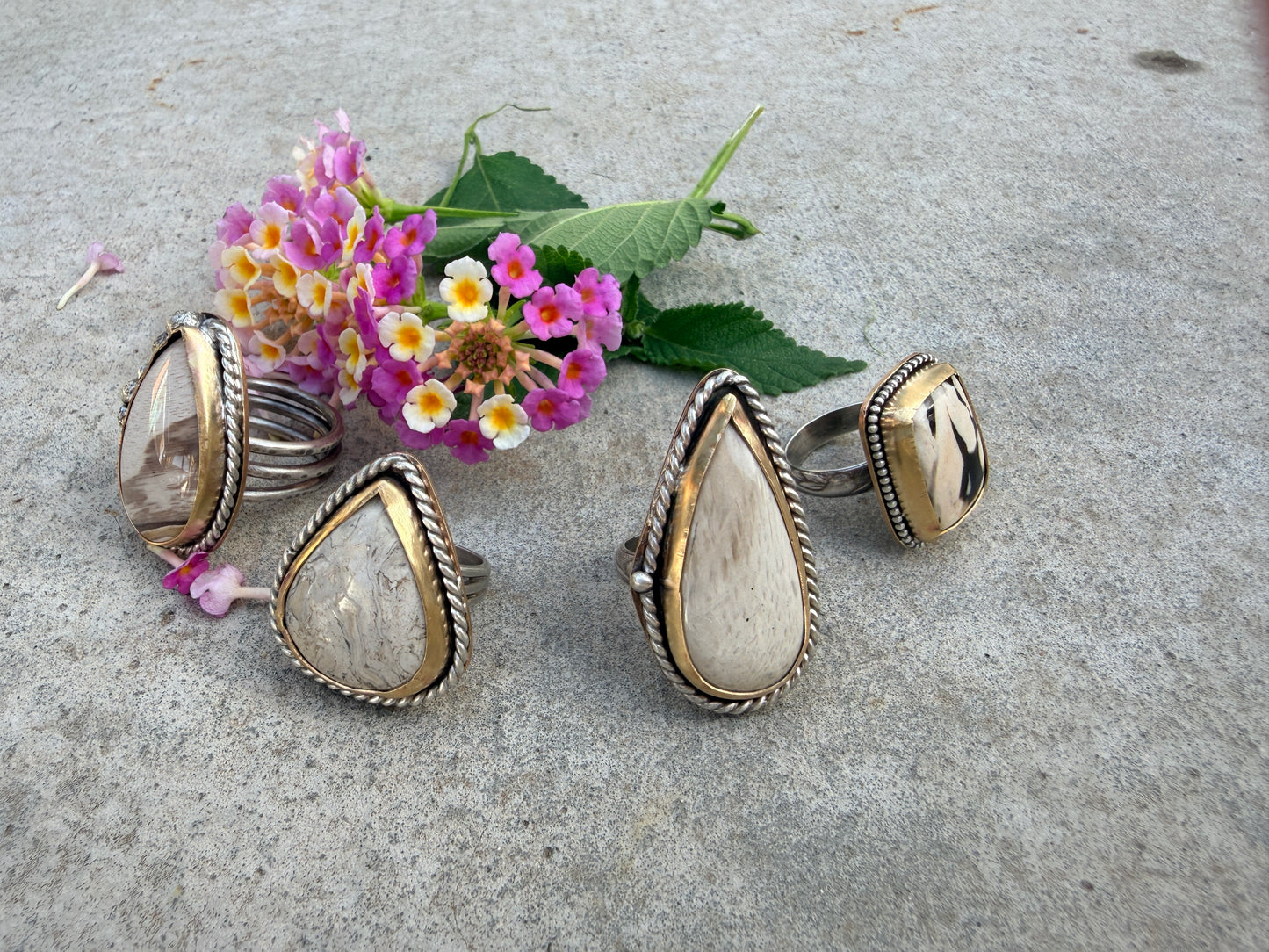 Smokey Petrified Wood Sterling Silver & Gold Ring Size 9