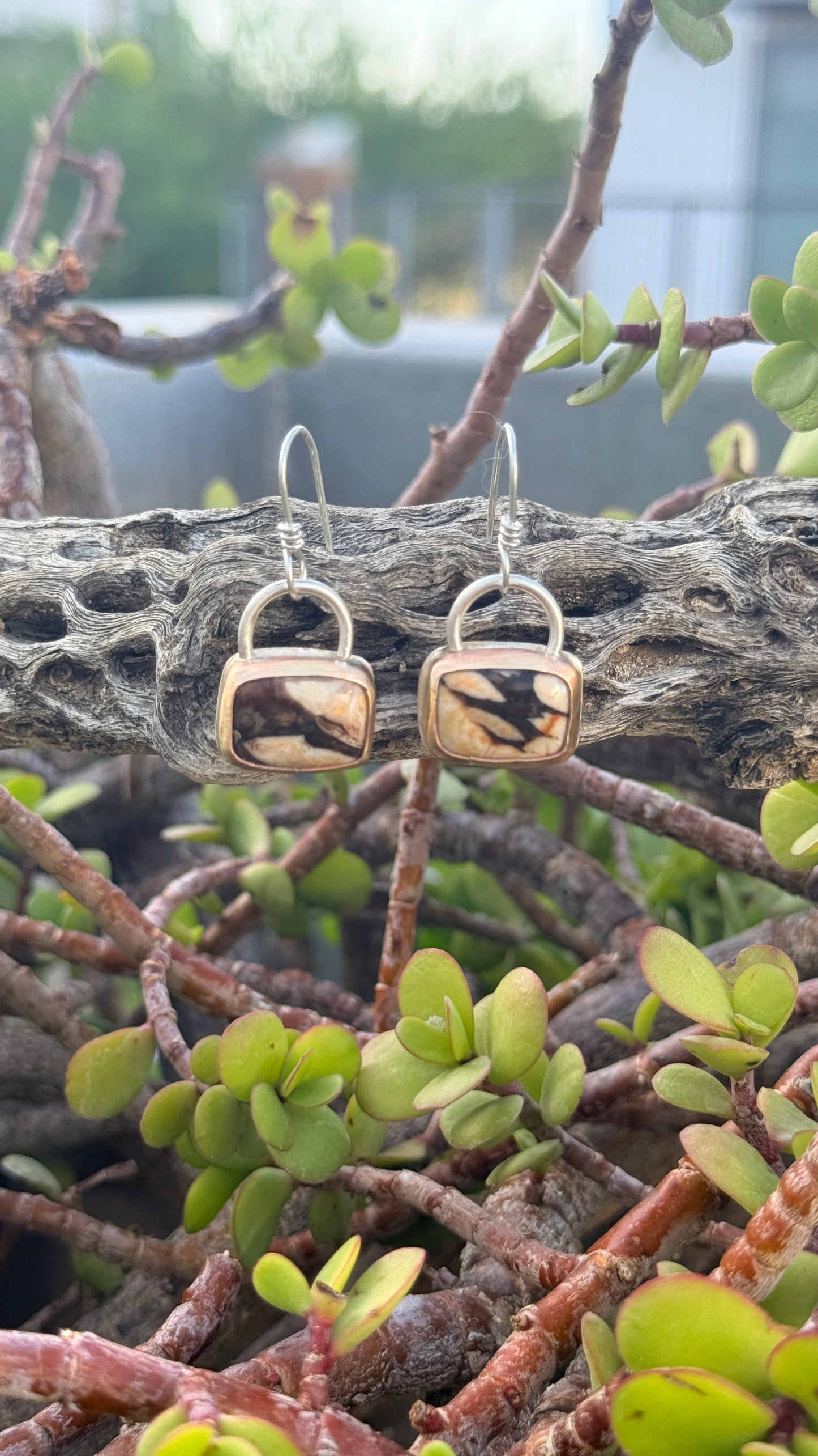 Fossil Peanut Wood mixed metal rectangle earrings