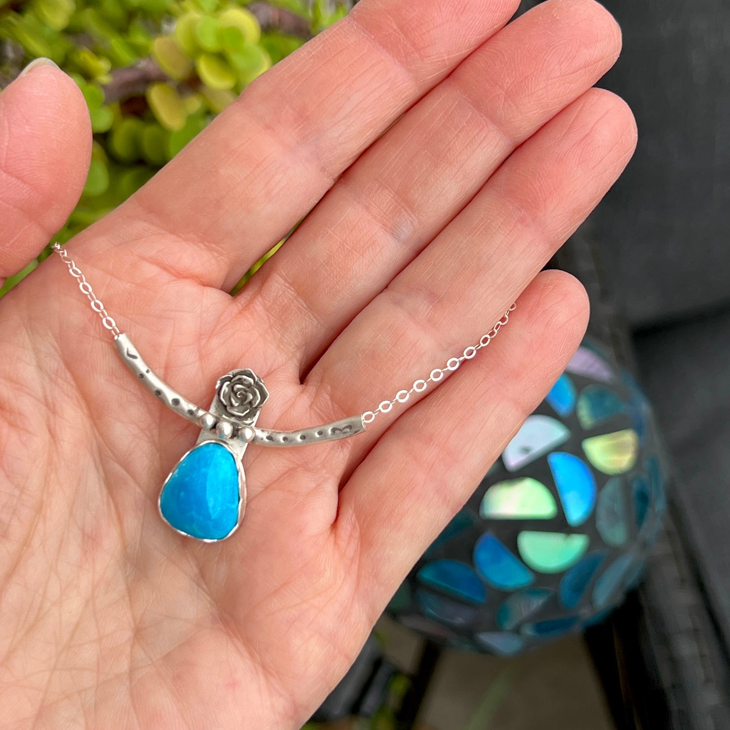 Sleeping Beauty turquoise with rose, Sterling Silver necklace