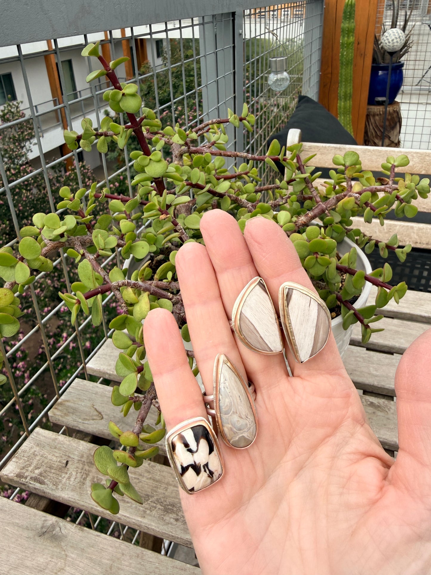 Smokey Petrified Wood Sterling Silver & Gold Ring, Half Moon shape, Matching rings