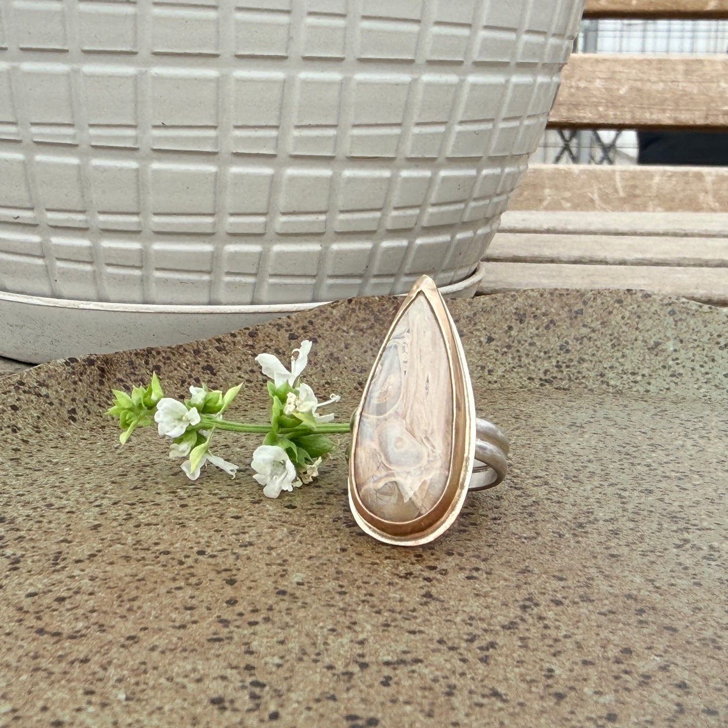 Petrified Palm root, long  narrow teardrop ring Size 7 1/2