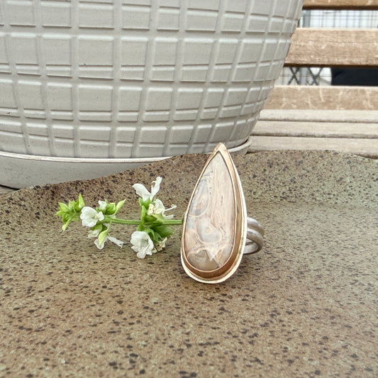 Petrified Palm root, long  narrow teardrop ring Size 7 1/2