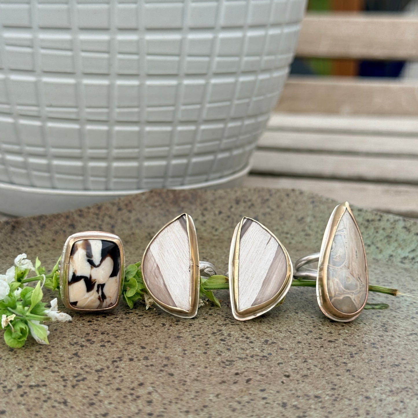Smokey Petrified Wood Sterling Silver & Gold Ring, Half Moon shape, Matching rings