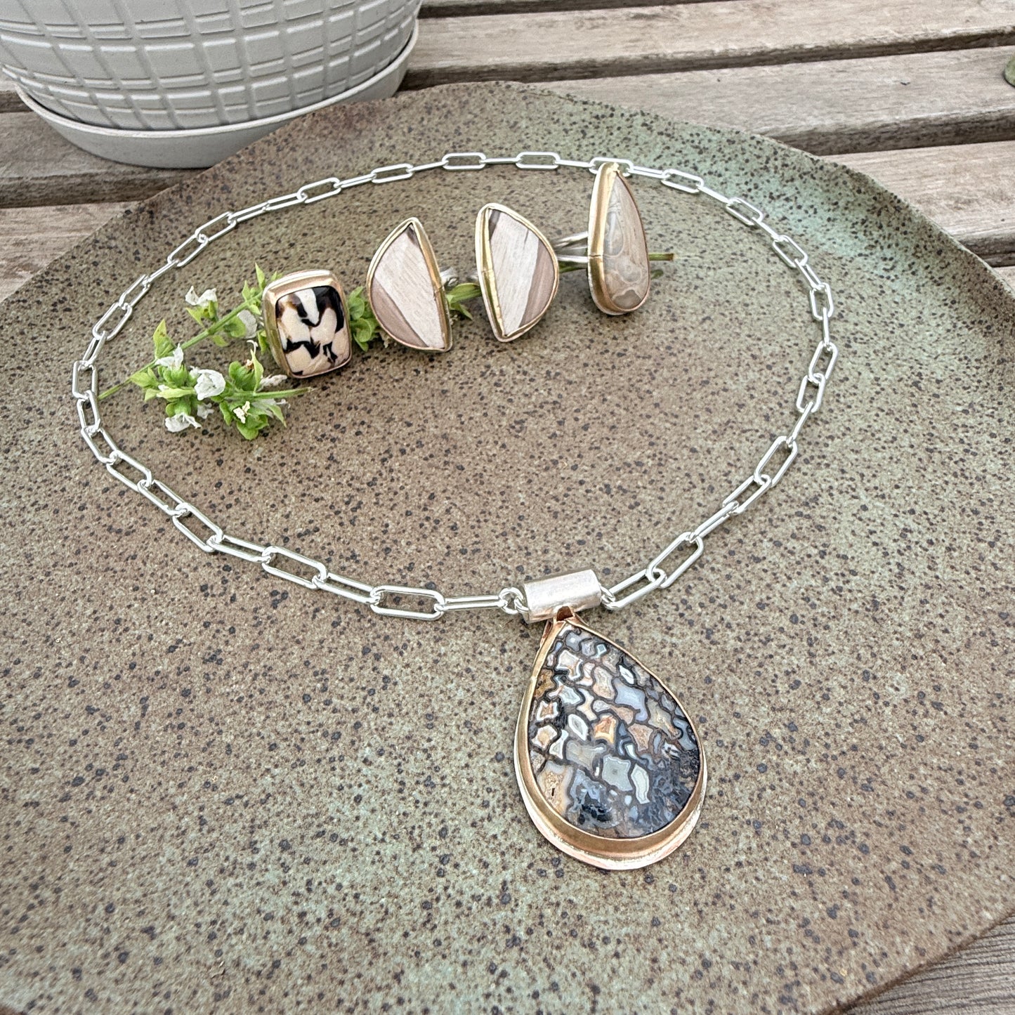 Spotted Petrified Wood large teardrop shaped pendant, Sterling Silver Necklace