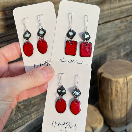 Red & Black enamel earrings, handmade with Sterling Silver ear wires