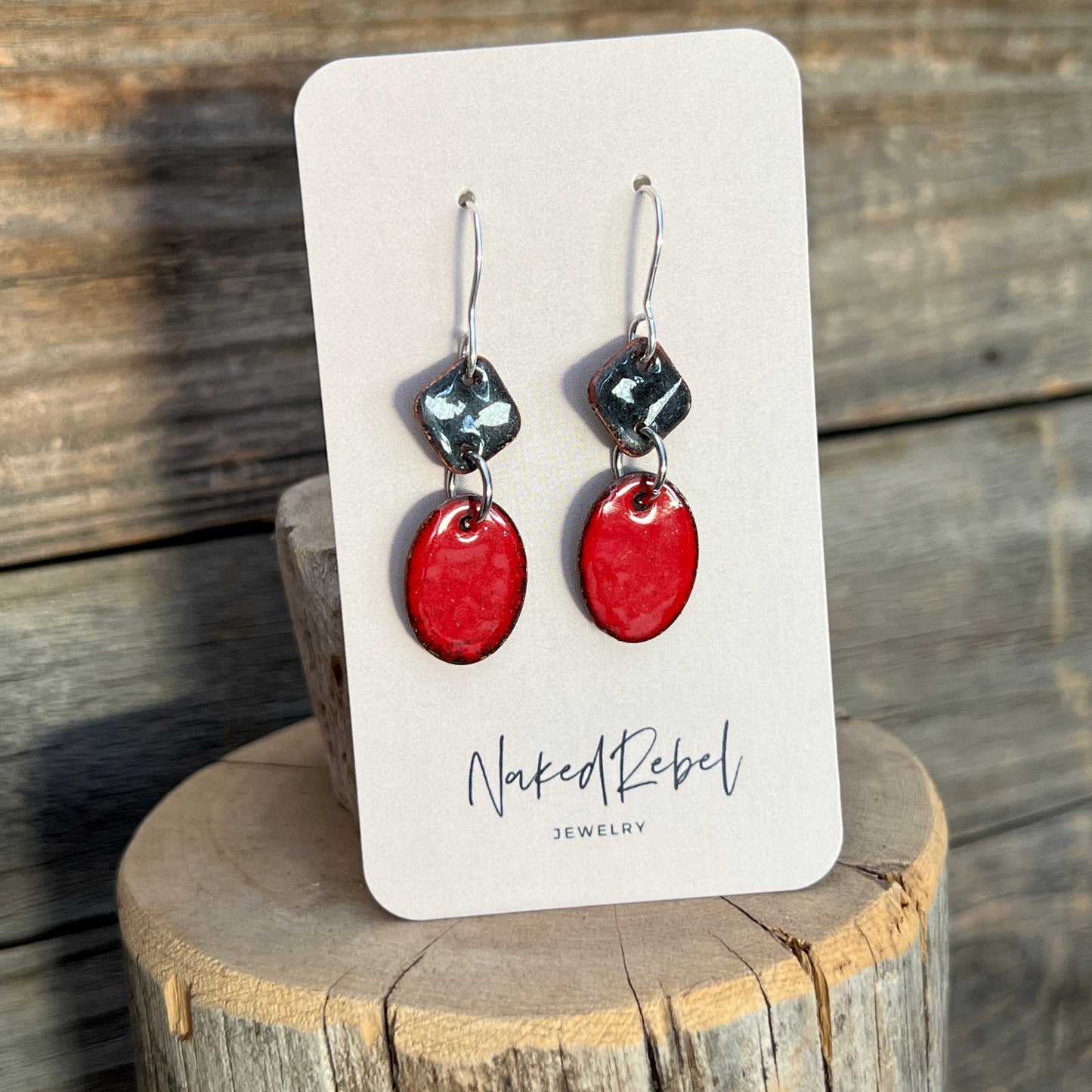 Red & Black enamel earrings, handmade with Sterling Silver ear wires