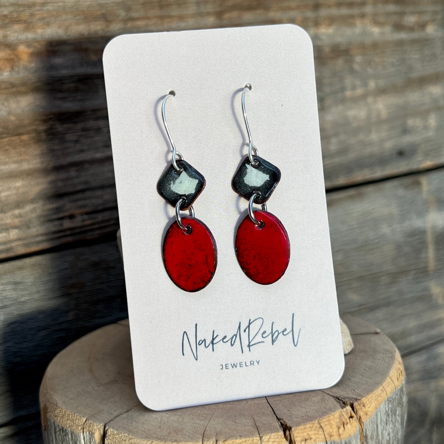 Red & Black enamel earrings, handmade with Sterling Silver ear wires