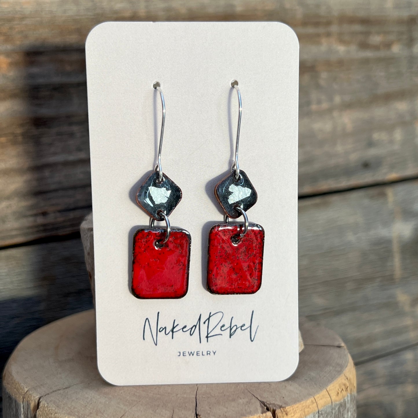 Red & Black enamel earrings, handmade with Sterling Silver ear wires