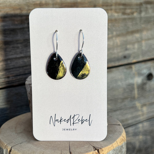 Gold & Black enamel earrings, handmade with Sterling Silver ear wires