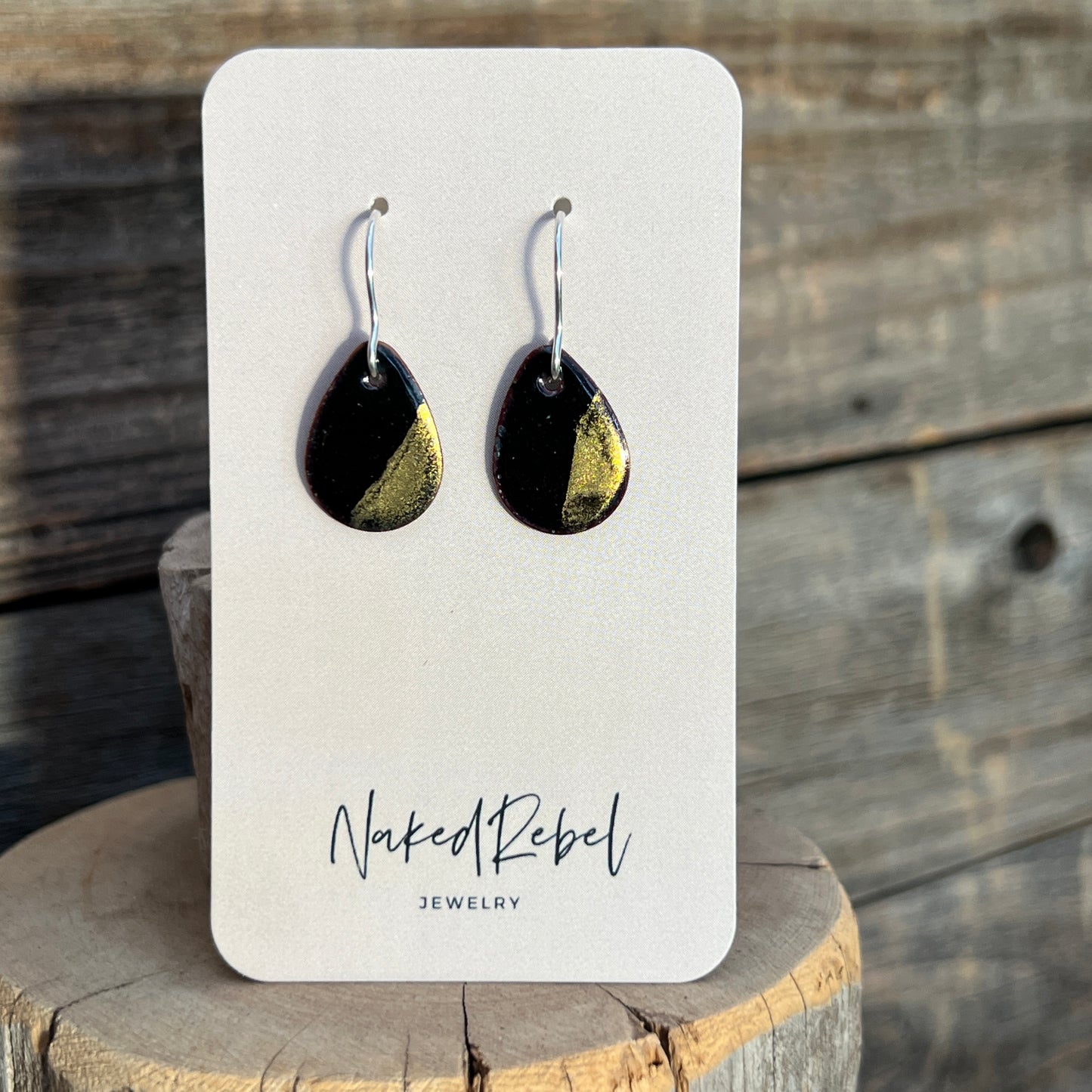 Gold & Black enamel earrings, handmade with Sterling Silver ear wires