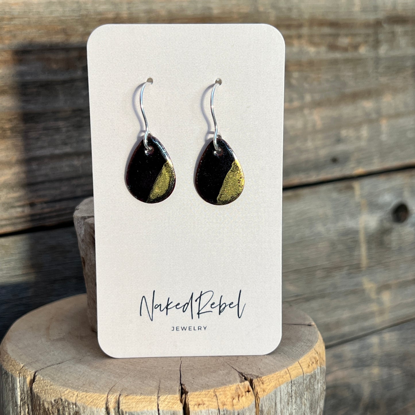 Gold & Black enamel earrings, handmade with Sterling Silver ear wires