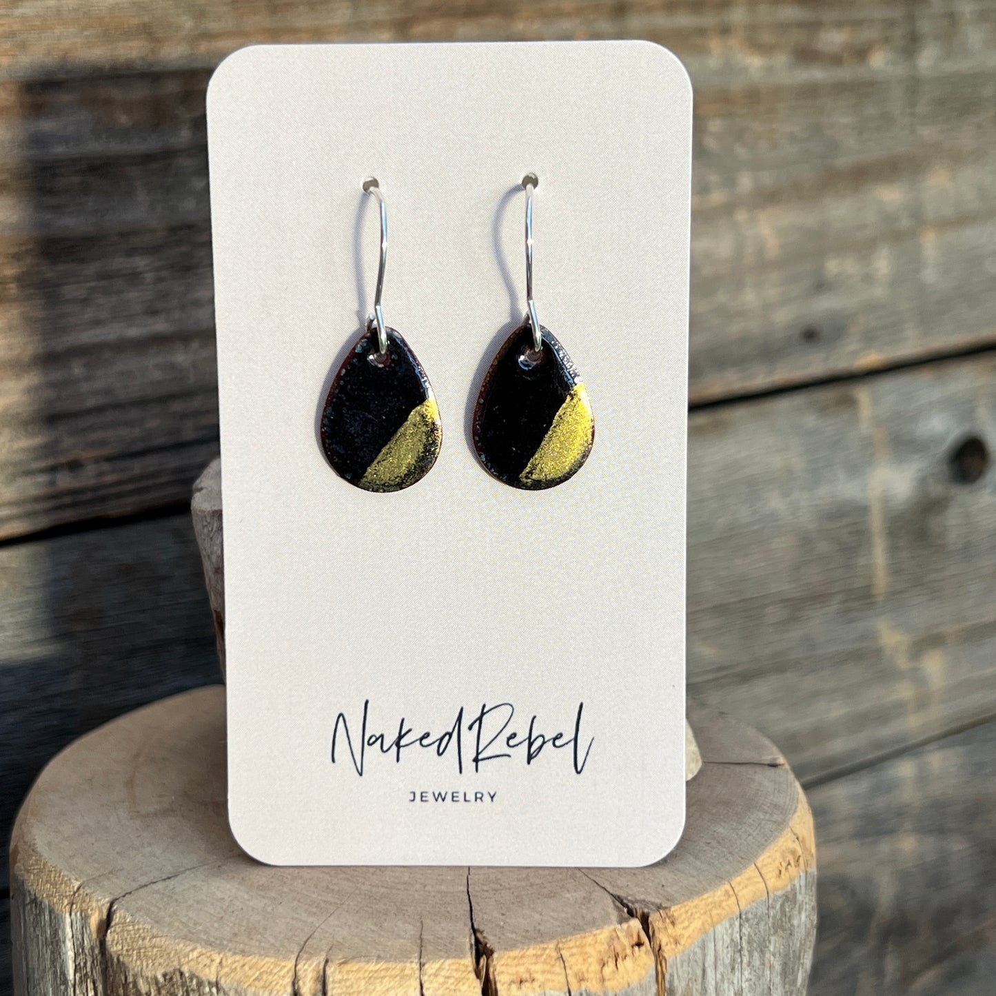Gold & Black enamel earrings, handmade with Sterling Silver ear wires