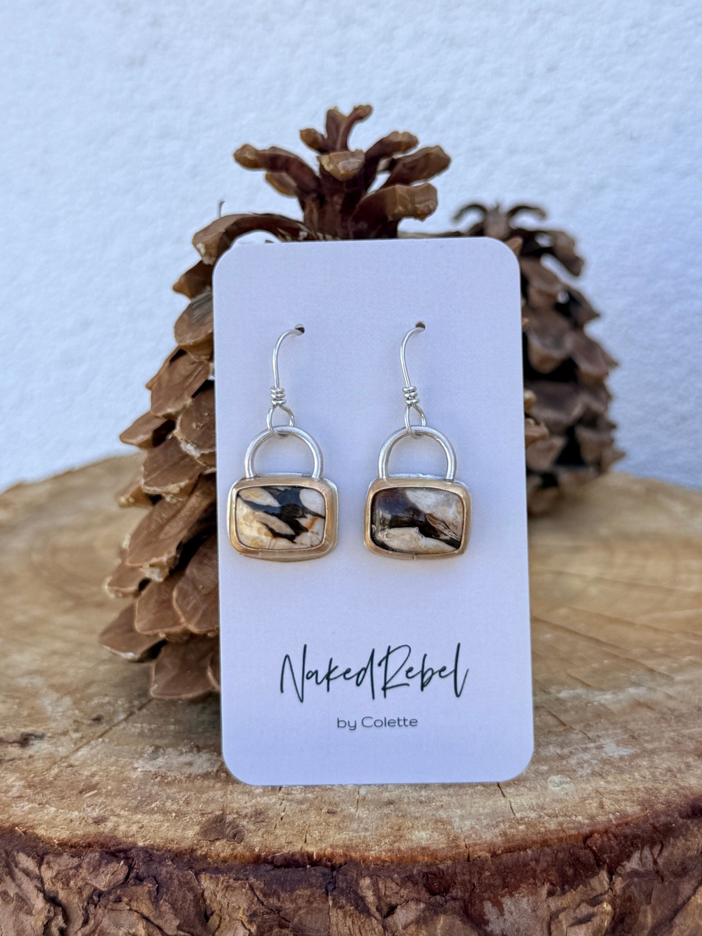 Fossil Peanut Wood mixed metal rectangle earrings