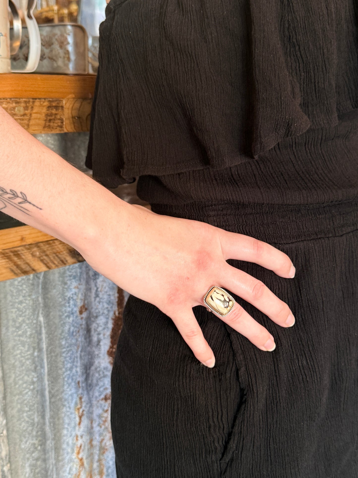 Fossil Peanut Wood mixed metal Ring Size 6 1/2