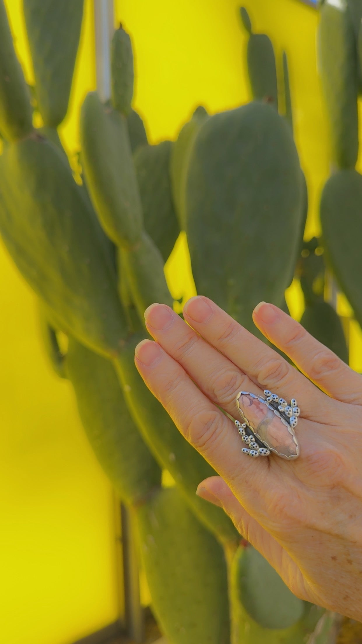 Cotton Candy Agate Sterling Silver Ring adorned with Prickly Pear cactus, Size 9