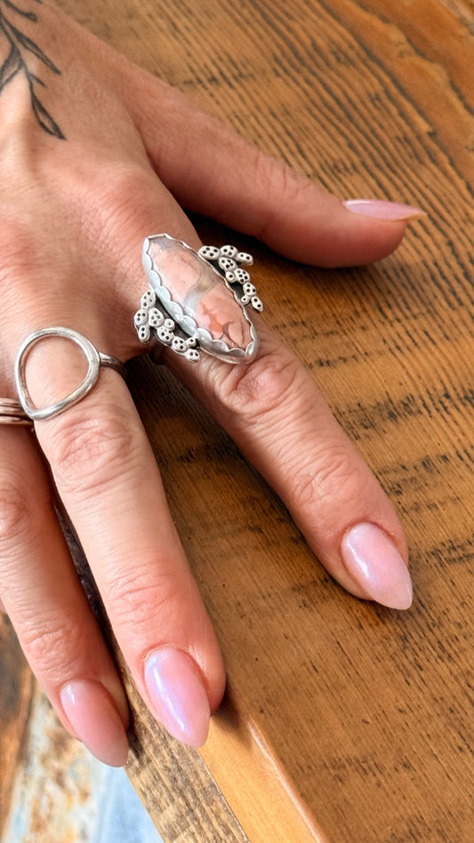 Cotton Candy Agate Sterling Silver Ring adorned with Prickly Pear cactus, Size 9