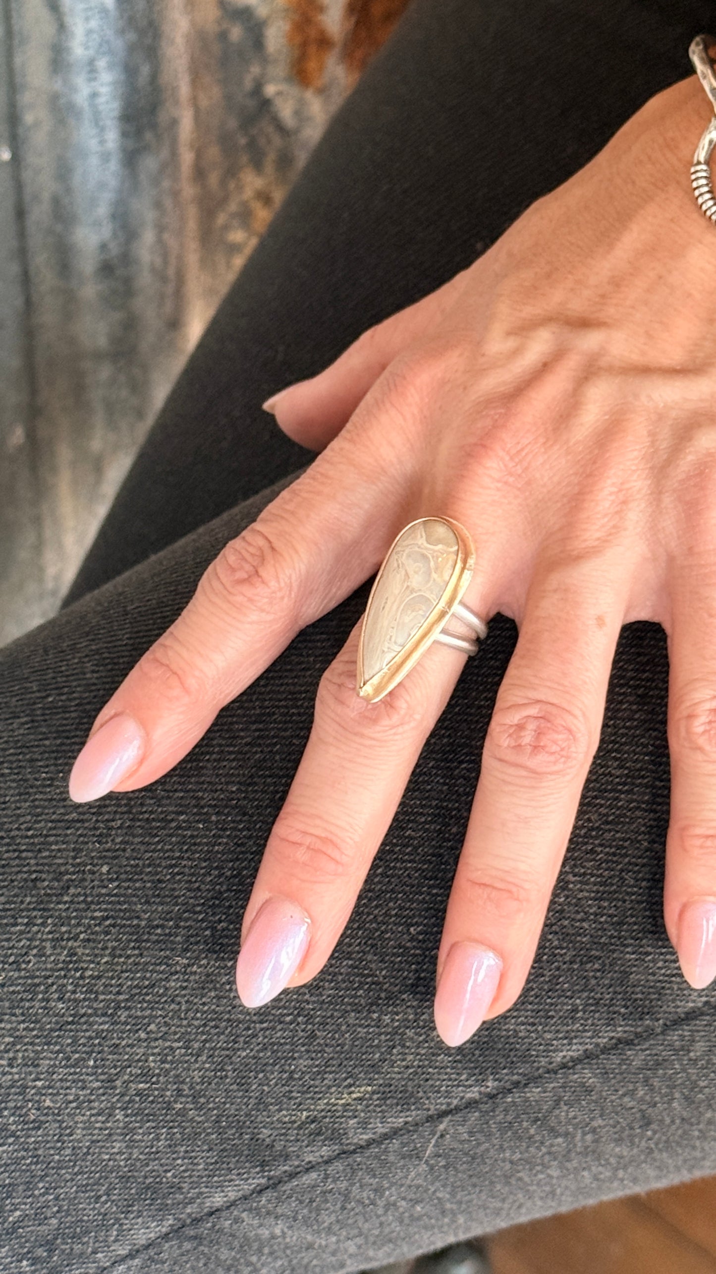 Petrified Palm root, long  narrow teardrop ring Size 7 1/2