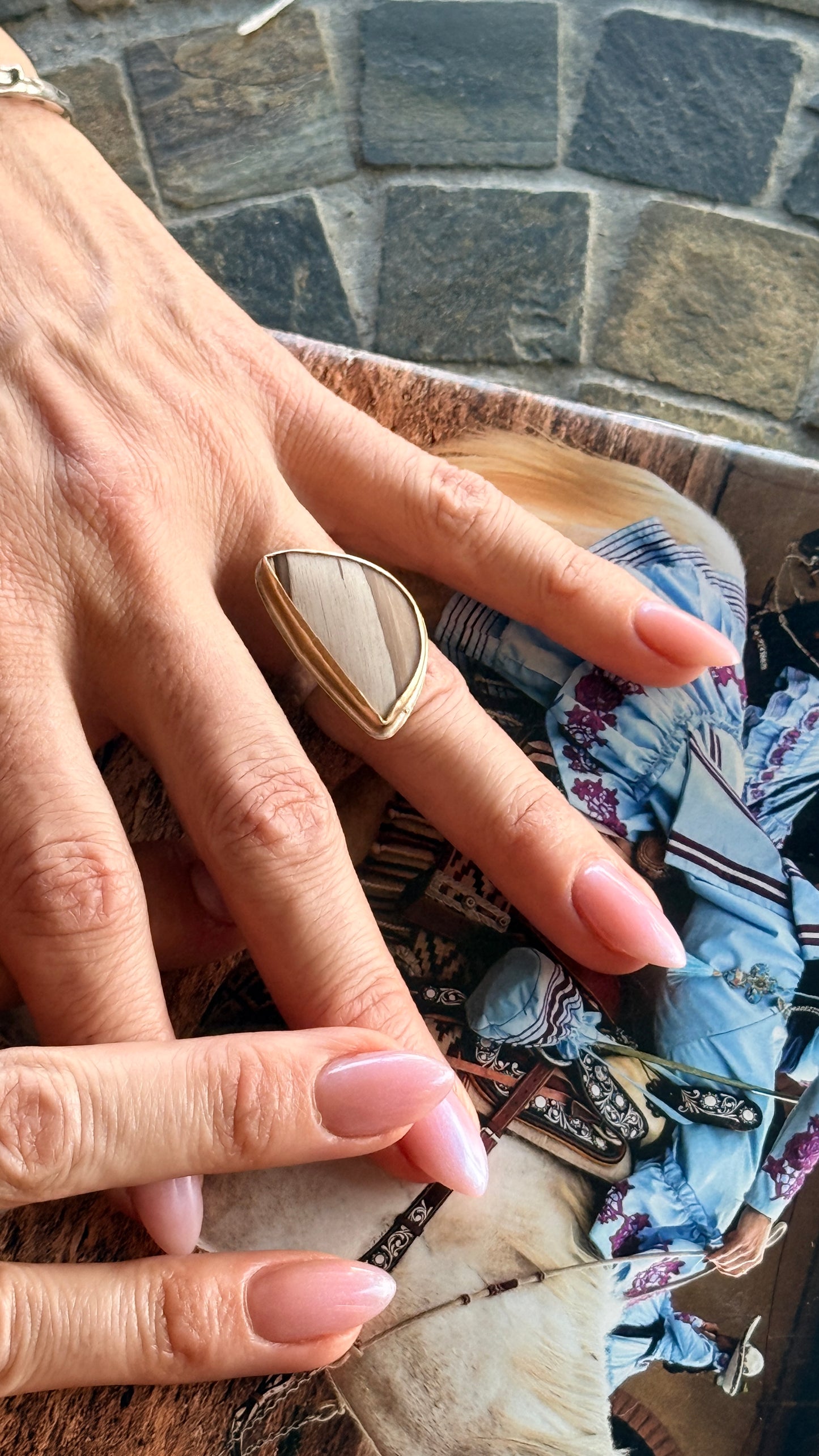 Smokey Petrified Wood Sterling Silver & Gold Ring, Half Moon shape, Matching rings