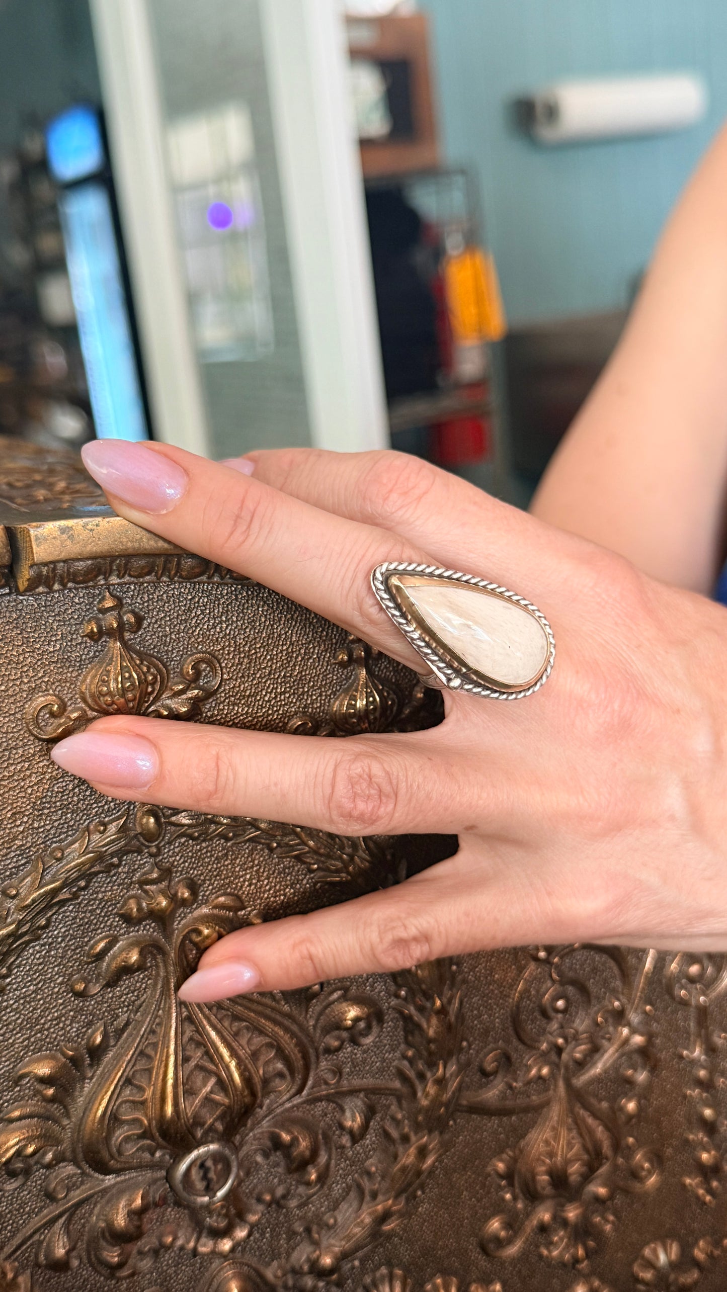 Petrified Palm root Sterling Silver & Gold Ring Size 7 1/2
