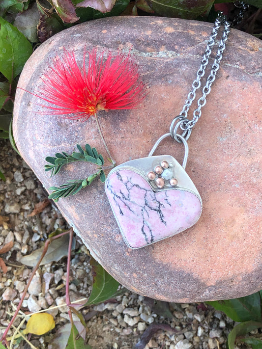 Large Rhodonite Pink Heart Necklace: Sterling Silver