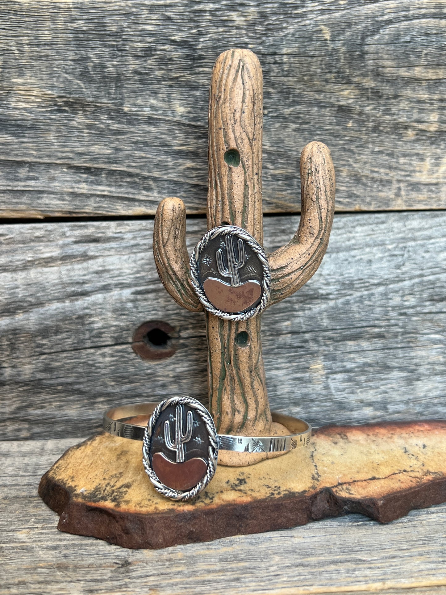 Starry Night Desert Landscape Ring with Saguaro: Sterling Silver