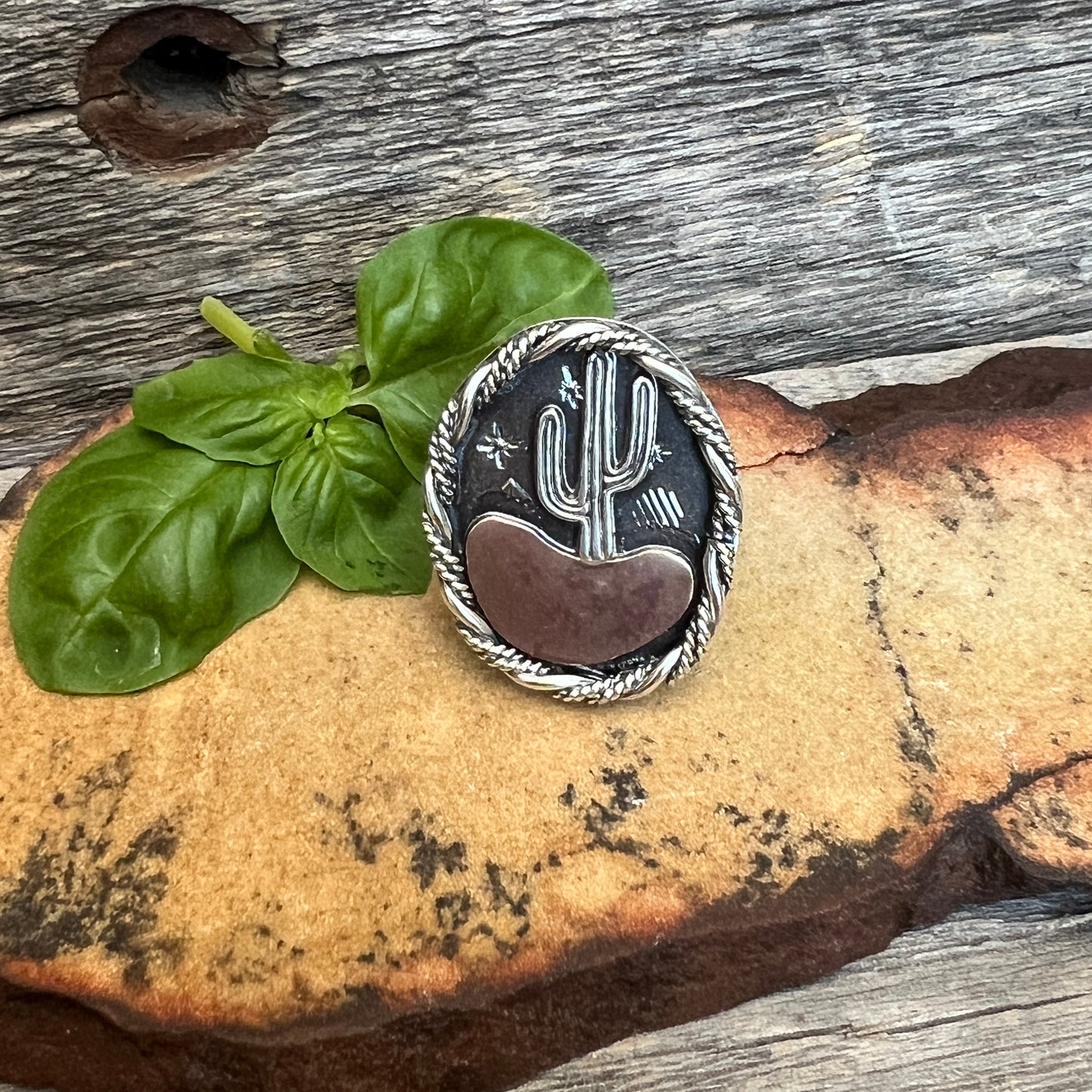 Starry Night Desert Landscape Ring with Saguaro: Sterling Silver