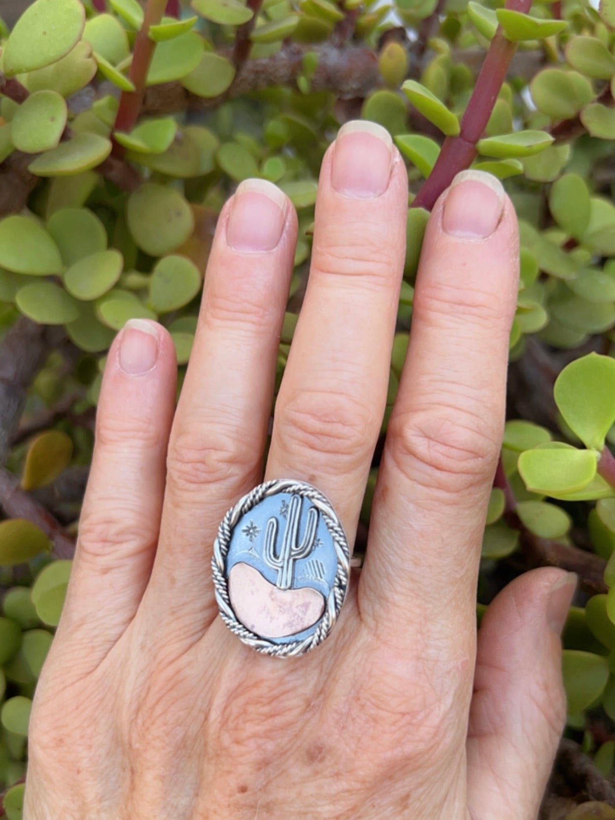 Starry Night Desert Landscape Ring with Saguaro: Sterling Silver