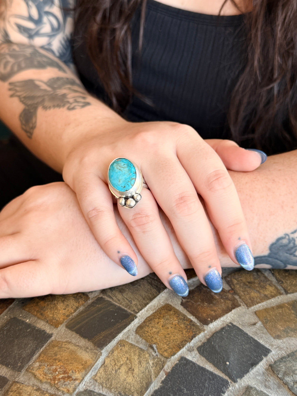 Nacozari turquoise ring, Sterling Silver handmade Size 8.5