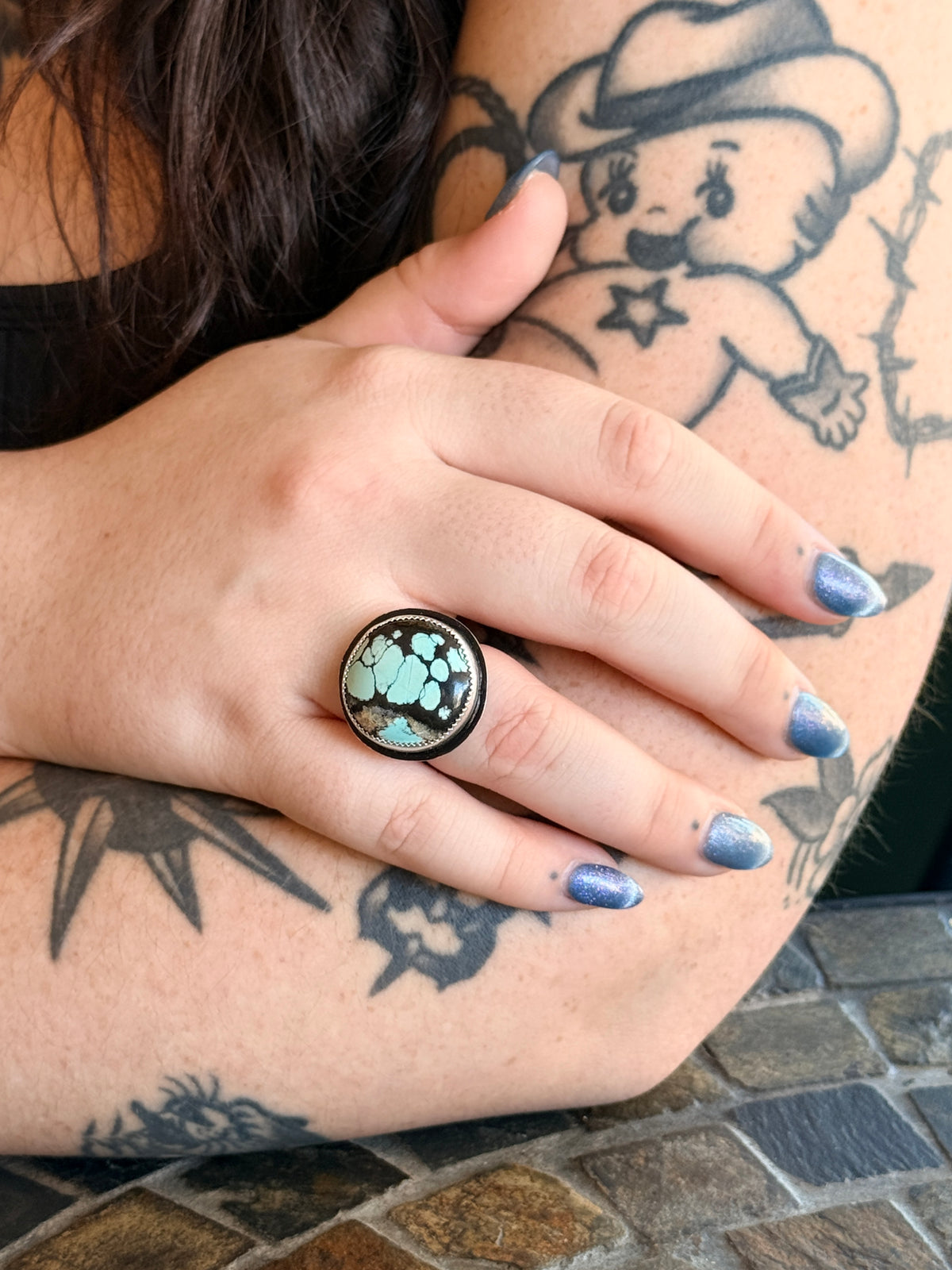 Hubei turquoise round Sterling Silver ring, Handmade Size 8.5