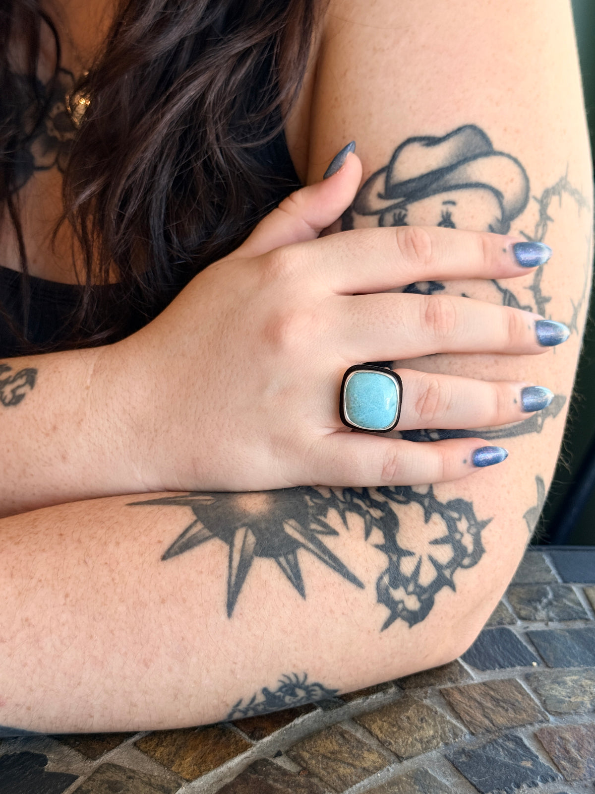 Larimar large square sterling silver ring, handmade Size 9